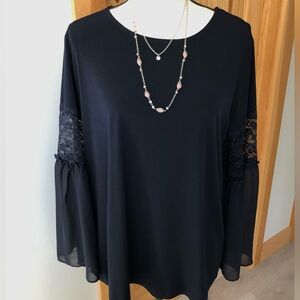 Susan Graver Navy Lace Bell Sleeve Liquid Knit Top Size Large